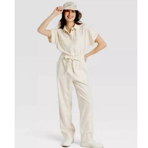 Universal Thread Womens Linen Blend Boiler Jumpsuit Size 12 Ivory Utility